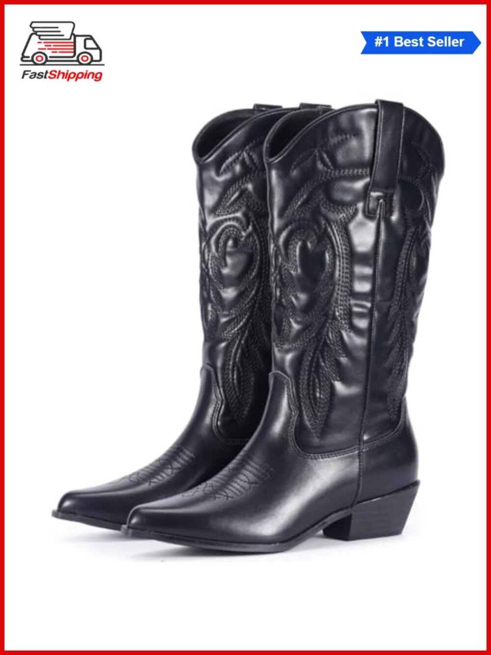 ✨ Cowgirl Boots Pointy Toe Mid Calf Western Boots Faux Leather Chunky Heel